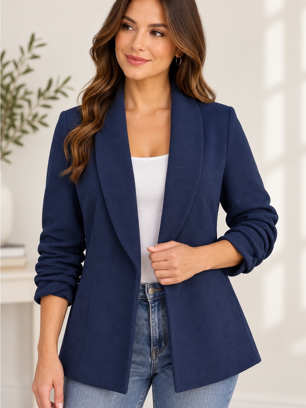 Classic Navy Shawl Collar Blazer for Women